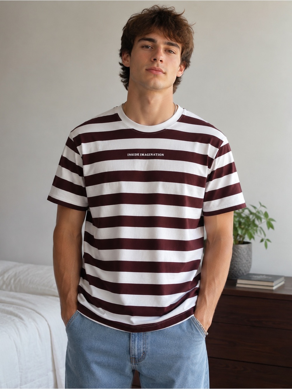 Denim & Flowers Men's Maroon and White Striped Tee